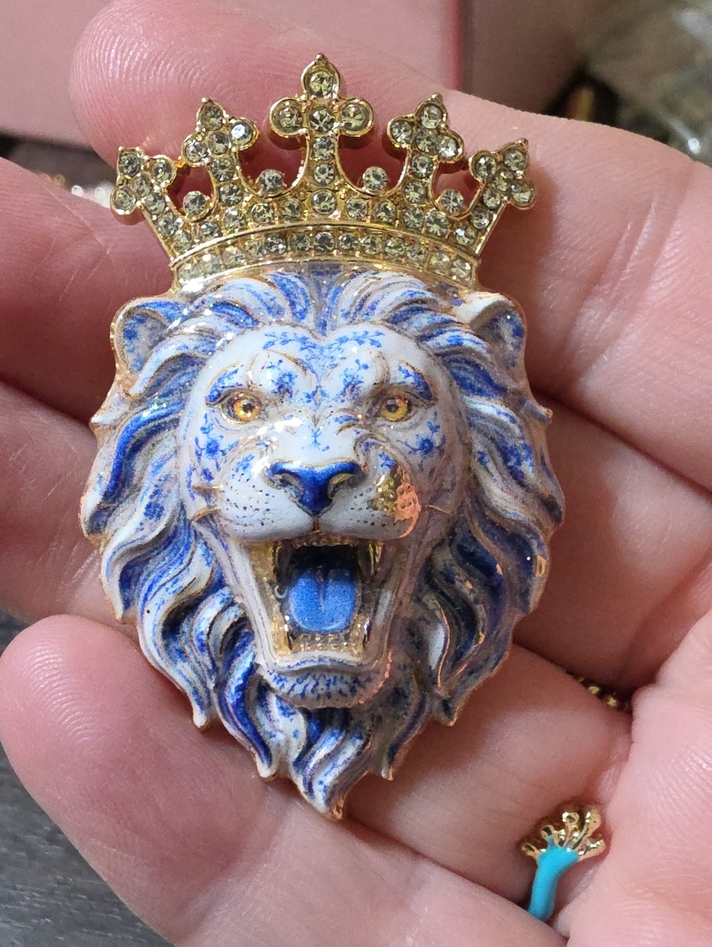 A116- Crowned Lion Head Brooch- Blue and Gold Statement Piece